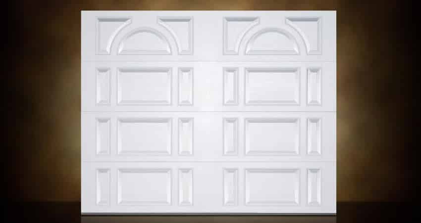 Picture of a white garage door with a brown background.